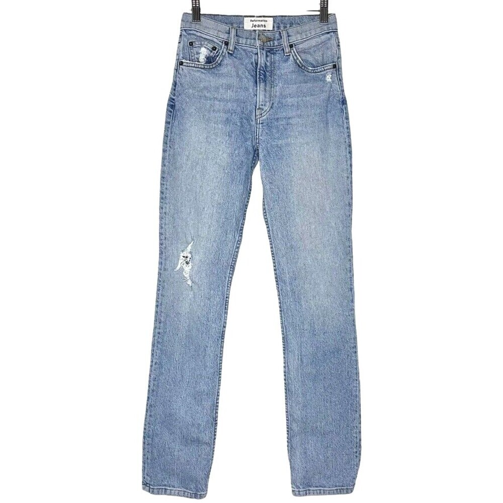 Reformation Liza High Straight Jean Womens 24 Blue Crete Destroyed Stretch USA
